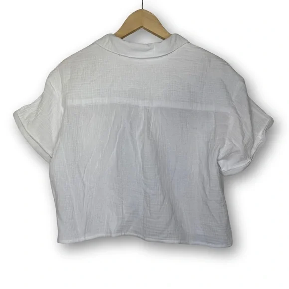 NWOT No Comment White Cotton Cropped Button Down Size Large - Picture 2 of 6